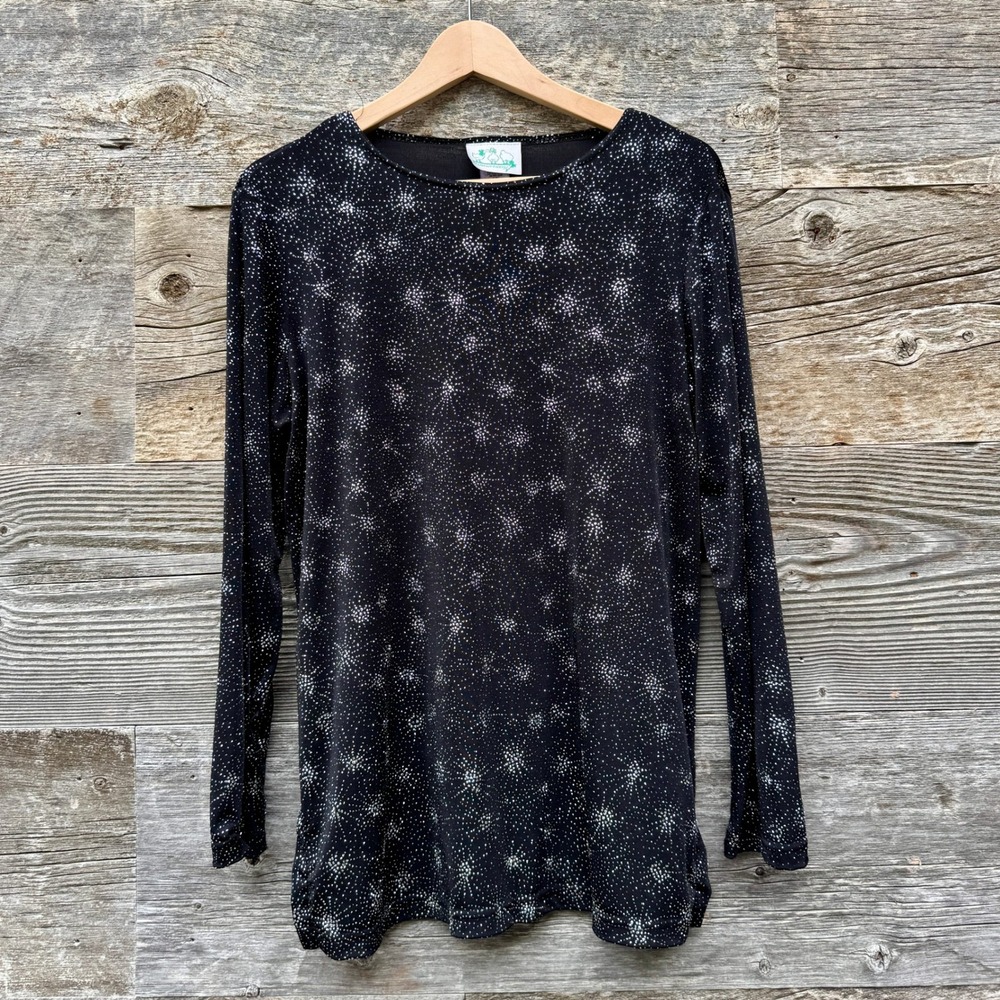 Quacker Factory VTG Sparkle Tunic Top S Black Silver Witchy Celestial Halloween